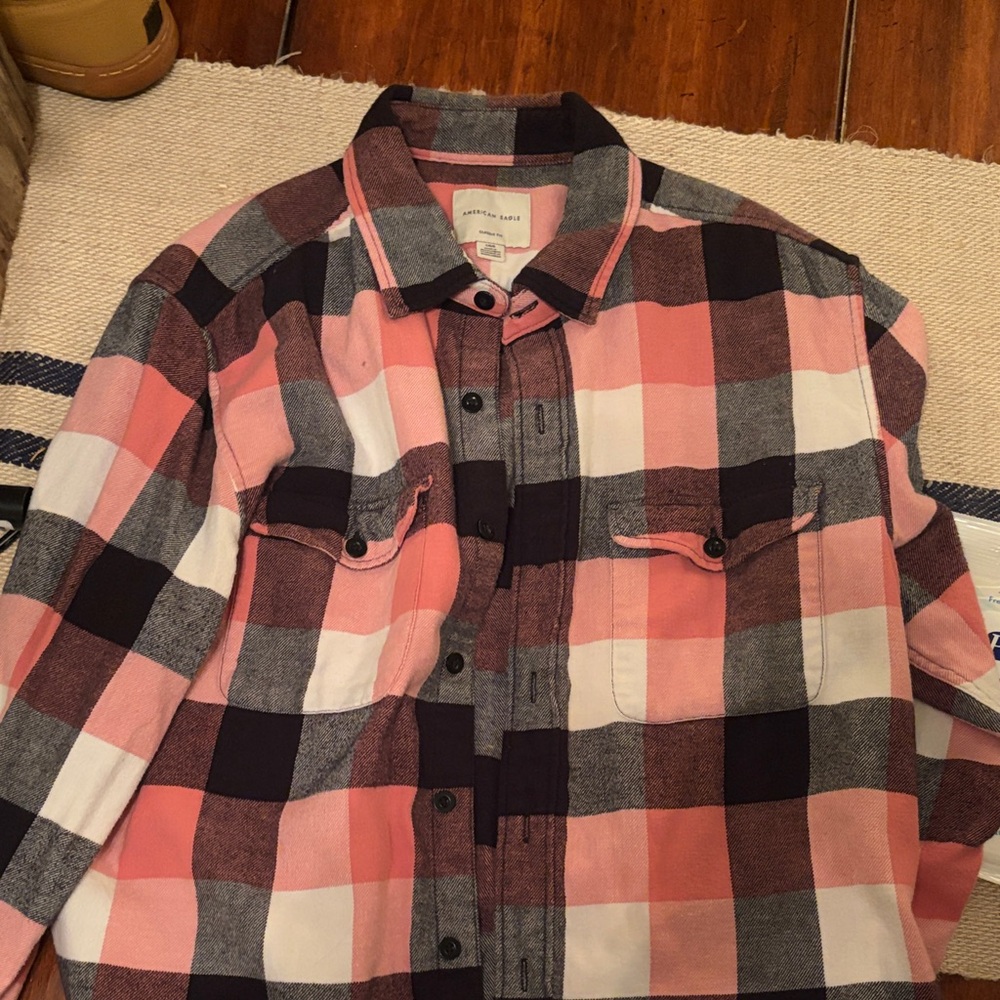 American Eagle Outfitters Pink and Black Plaid Casual Button Down Shirt